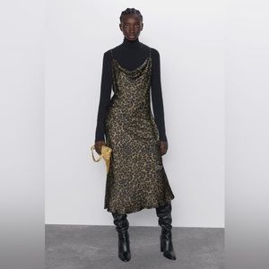 Zara Animal Print Flowing Camisole Midi Slip Dress Green/Black Size S